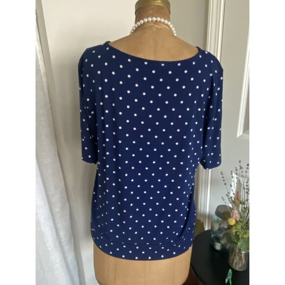 TALBOTS Navy Blue White Polka Dots Short Sleeve Bottom Hem Tie Top XL - Picture 2 of 9